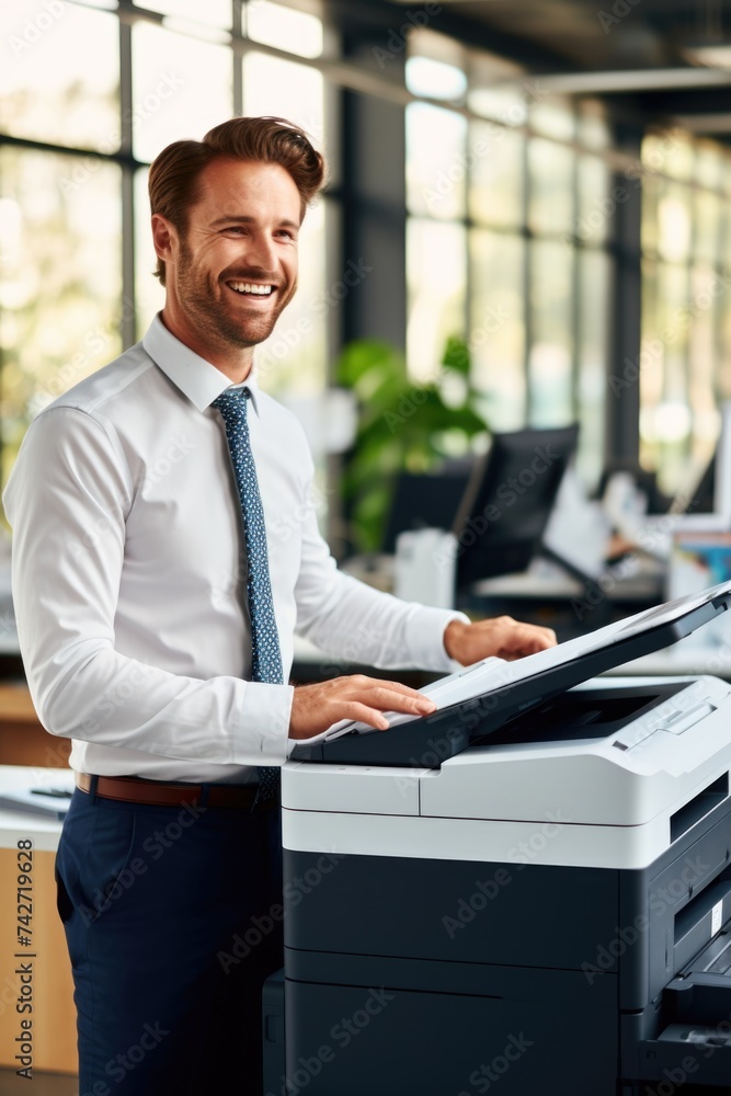 Poster a man standing next to a printer in an office. suitable for business and technology concepts