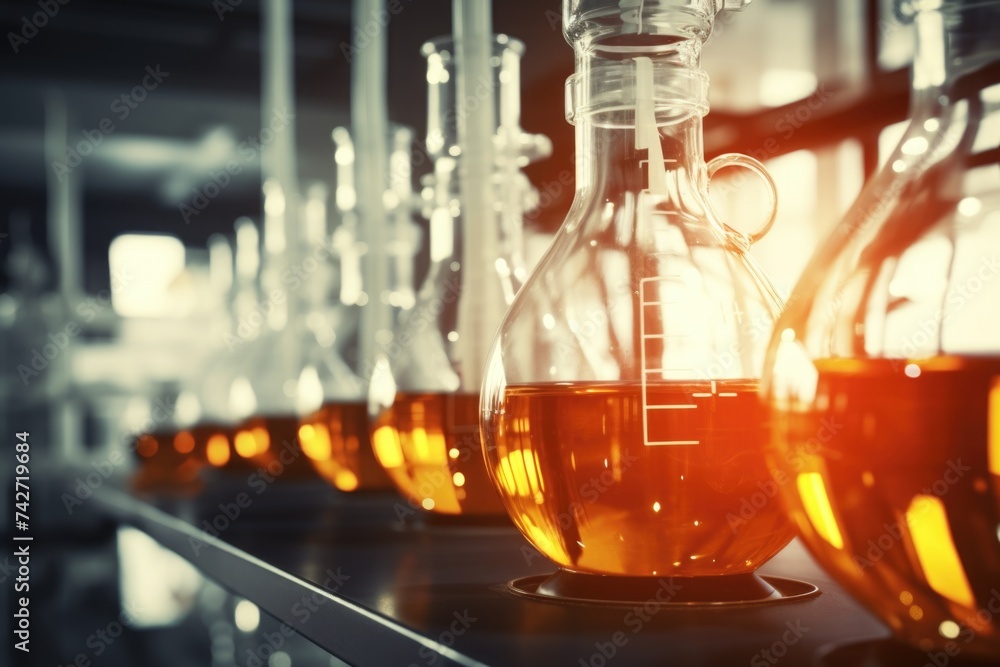 Poster A row of glass bottles filled with colorful liquids, perfect for science or laboratory concepts