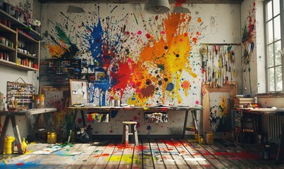 Artistic studio with various craft creators, bright paint splashes.