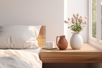 A vase of flowers on a wooden table, suitable for various uses
