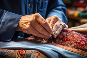 Close-up of a person working on a piece of cloth, suitable for fashion or textile industry projects