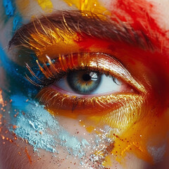 Eye of beautiful young woman with creative makeup, closeup, ai technology