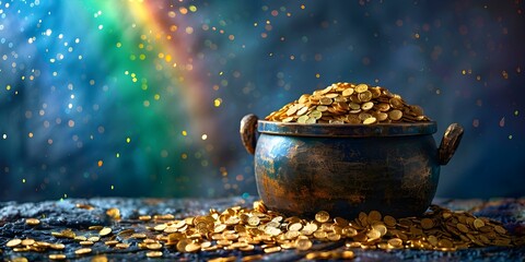 Magical St Patrick's Day: Pot of Gold, Rainbow, Leprechauns, Treasure Trove. Concept St Patrick's Day, Pot of Gold, Rainbow, Leprechauns, Treasure Trove - obrazy, fototapety, plakaty