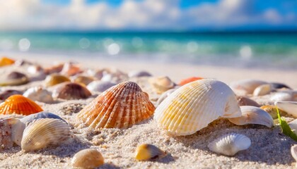 Fototapeta na wymiar Close-up bunch of shells on the sea shore. Sandy beach. Ocean view