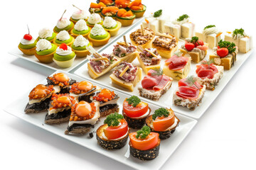 Fototapeta na wymiar An elegant display of assorted canapes, beautifully arranged on white platters, showcasing a variety of flavors and textures
