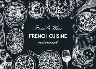 French food frame design on chalkboard. Vintage food and wine sketches. Restaurant menu template. France background. Hand-drawn vector illustration, NOT AI generated
