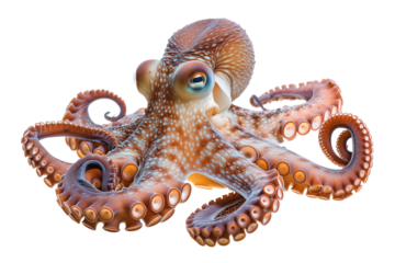 A close-up of a vibrant octopus, showcasing its intricate patterns and textures, isolated on a transparent background.