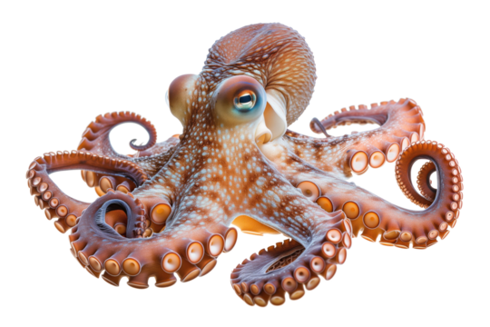 A close-up of a vibrant octopus, showcasing its intricate patterns and textures, isolated on a transparent background.