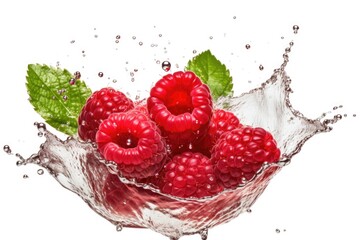 Fresh raspberries in a bowl with a splash of water. Ideal for food and beverage concepts