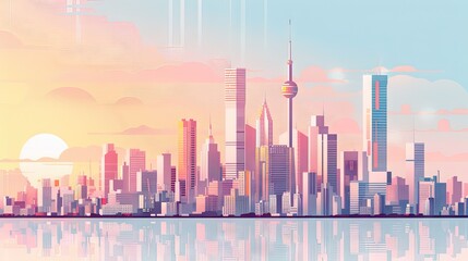 2d flat illustration abstract vector graphic design of a city skyline with modern high rise buildings - obrazy, fototapety, plakaty