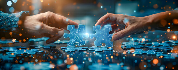 Hands connect glowing puzzle pieces, a metaphor for collaboration and problem-solving. - obrazy, fototapety, plakaty