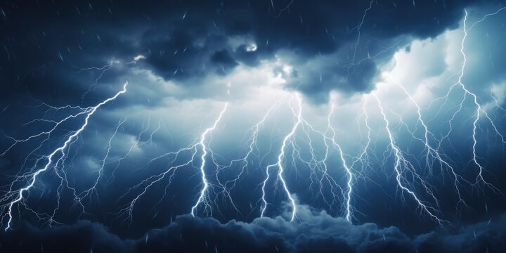 A dramatic image of multiple lightning strikes in the sky. Ideal for weather-related designs