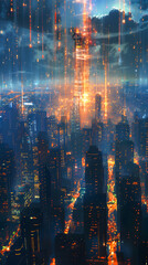 Obraz premium Futuristic cityscape with digital rain and glowing structures at night.