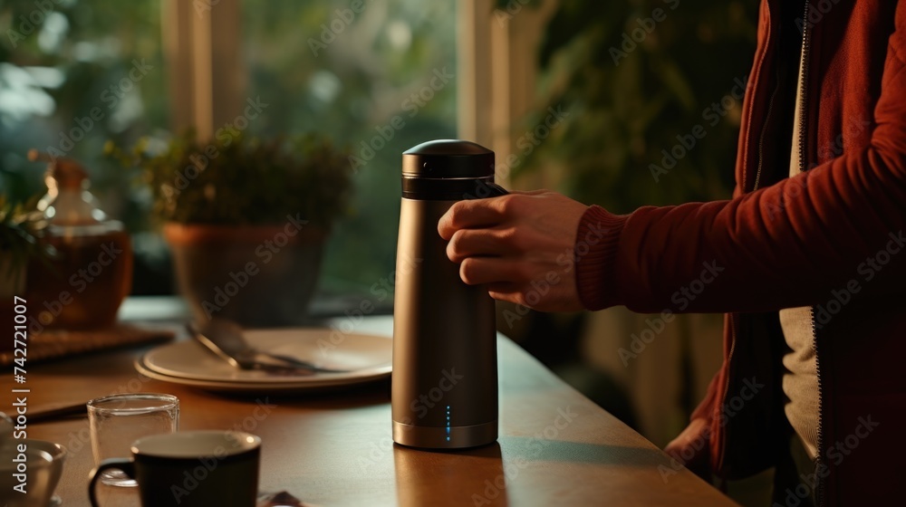 Poster a person standing at a table with a cup of coffee. suitable for coffee shop or work from home concep
