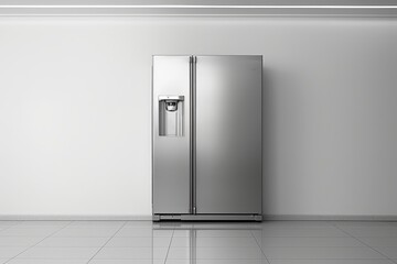 Modern stainless steel refrigerator in a bright white room. Ideal for home appliance or interior design concepts
