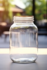 A glass jar sitting on top of a table. Perfect for kitchen or food-related designs