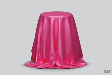 Podium covered with a piece of light pink silk isolated on background. Realistic box covered with pink cloth. Podium for product, cosmetic presentation. Creative mock up. 3d vector illustration.