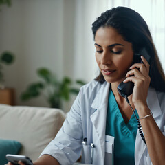 doctor, woman talking on phone