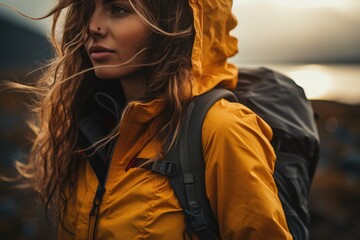 A woman wearing a yellow jacket and carrying a black backpack. Suitable for outdoor and travel themes - obrazy, fototapety, plakaty