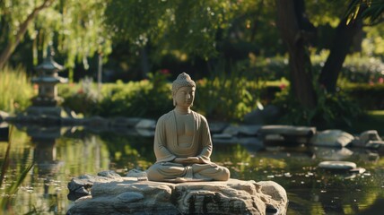 Zen Garden Serenity - A peaceful Buddha statue in a Japanese Zen garden, representing mindfulness and tranquility.