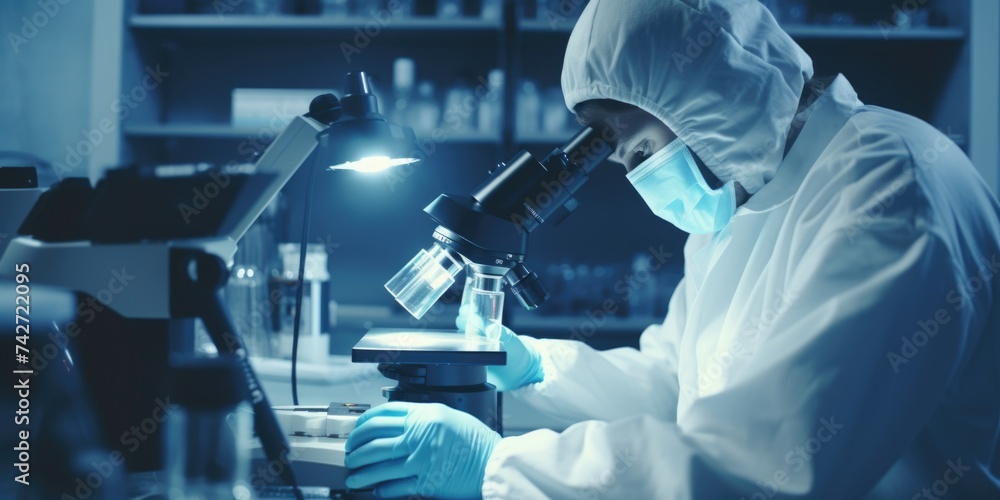 Aufkleber a person in a lab coat examining something under a microscope. ideal for scientific or research conc