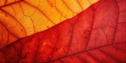 Detailed close up of a vibrant red and yellow leaf, perfect for nature backgrounds
