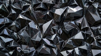 Black crystalline polygonal shapes forming a mesmerizing pattern against an abstract background