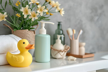 Set of baby bath products: bottle for shampoo (shower gel, lotion, oil), rubber duck, towels in bathroom. Copy space for text. Concept of baby bath accessories. AI Generative.