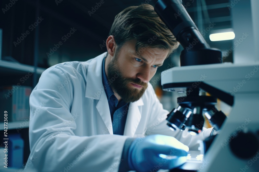 Aufkleber a man in a lab coat looking through a microscope. suitable for scientific and research concepts