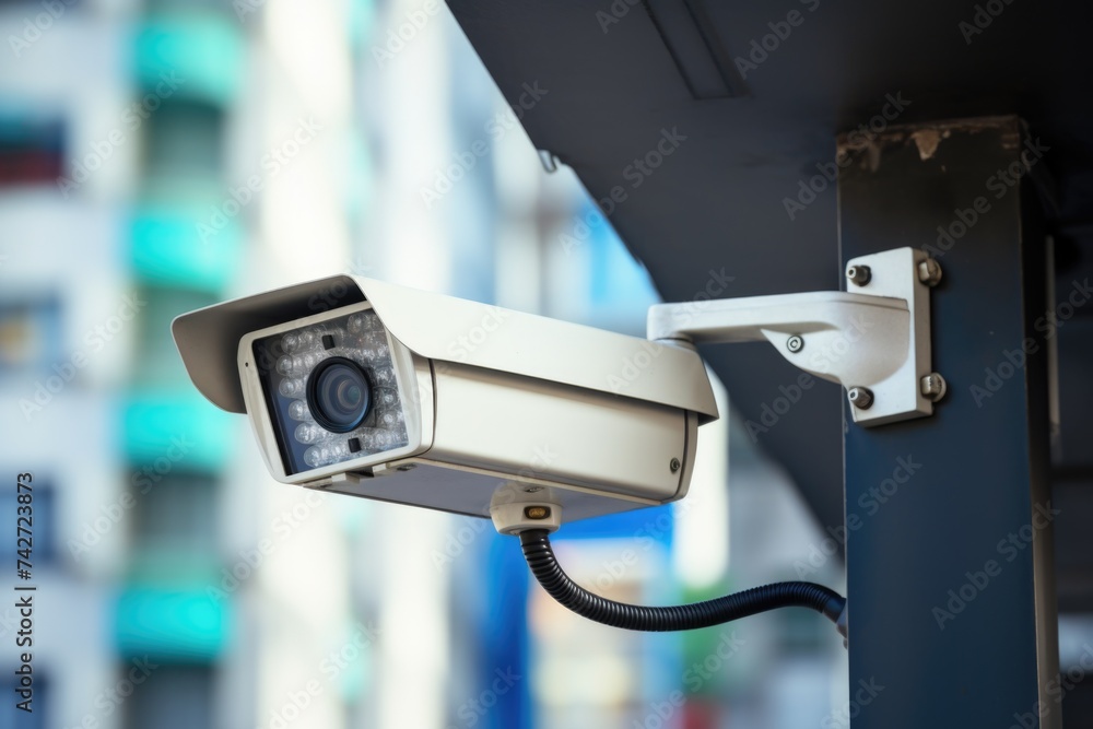Poster security camera mounted on building, ideal for security concept