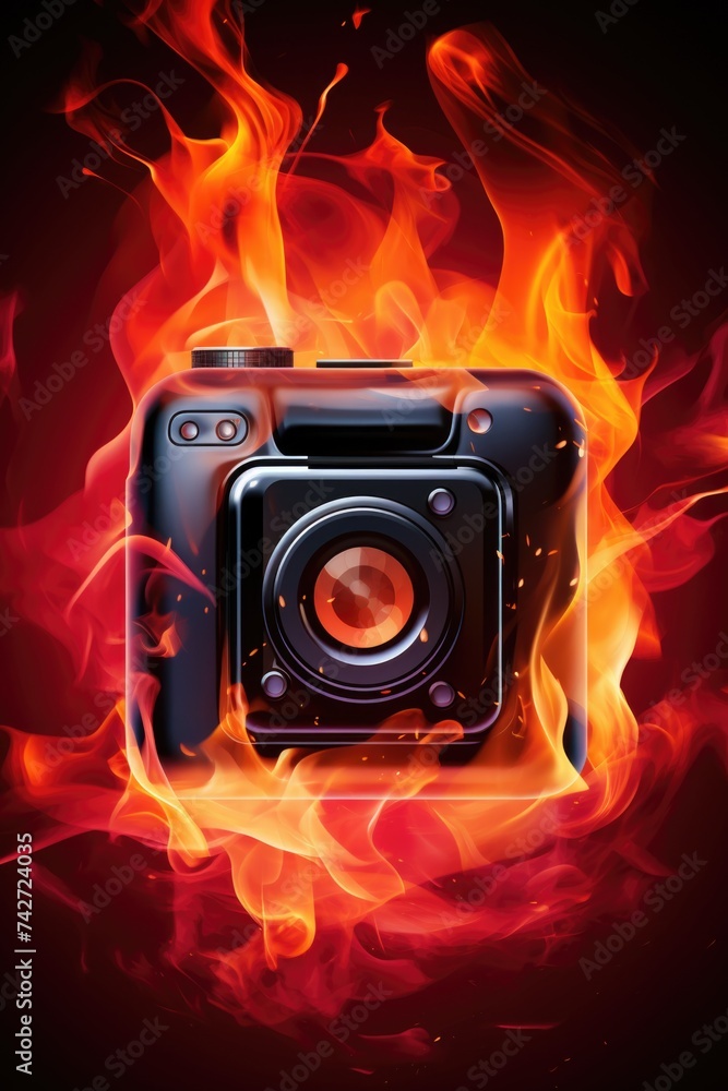 Poster a digital camera engulfed in flames, representing destruction and technology. can be used for concep