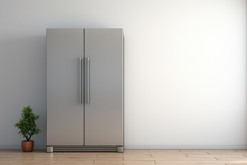 Metallic refrigerator next to a potted plant, suitable for kitchen or home decor concepts
