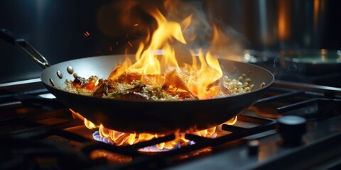 A dangerous situation with a frying pan on fire, caution advised