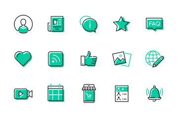 Applications and messengers - set of line design style icons isolated on white background. Quality images of information, FAQ, online shopping, notification, like, star rating, calendar, avatar