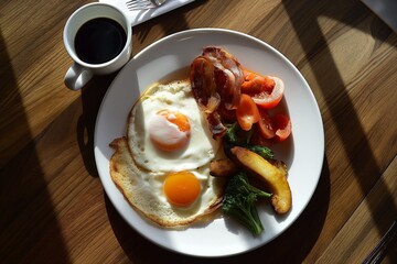 classic english breakfast on a well lit table with morning light, appetizing food.