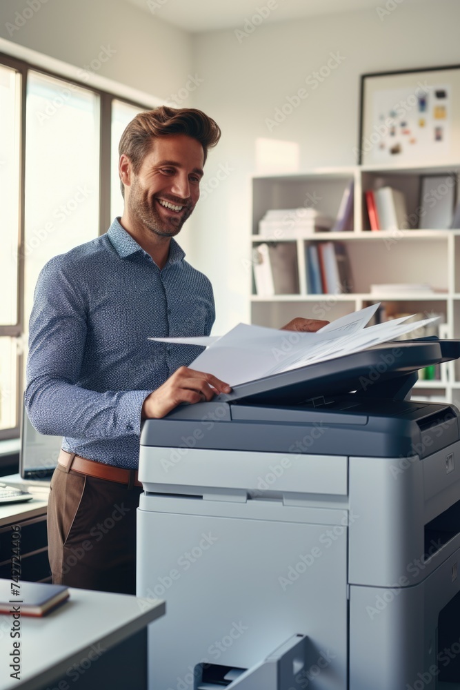 Aufkleber a man standing in front of a printer in an office. suitable for business concepts