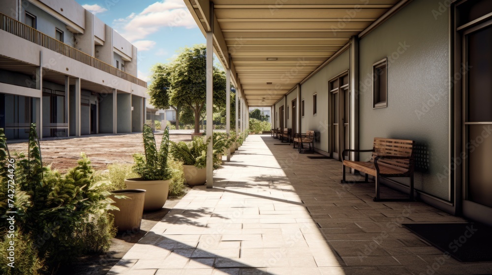 Poster Row of benches next to a building, suitable for urban and architectural themes