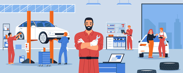 Hand drawn flat mechanic composition background with male mechanic in a car workshop