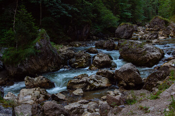 Mountain river flowing in the rocky Bicaz Gorge (Romanian: Cheile Bicazului) situated in the central part of the Hasmas Mountains, and it is part of the National Park, Romania