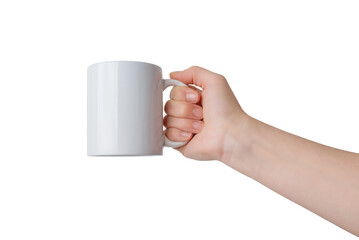 Hand holding a clean white mug transparent. For Print-on-Demand design promotion. Perfect for showcasing custom designs and personalized creations