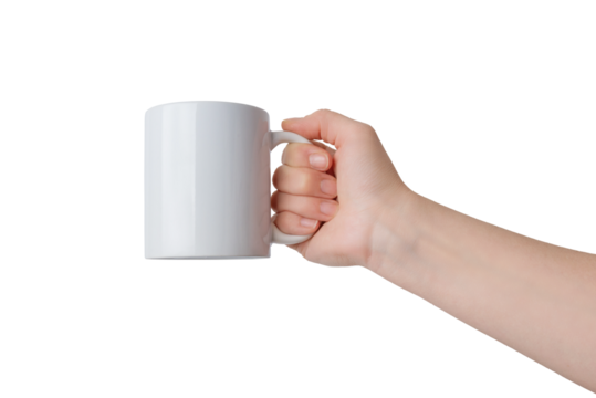 Hand holding a clean white mug transparent. For Print-on-Demand design promotion. Perfect for showcasing custom designs and personalized creations