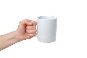 Obraz premium Transparent hand holds a blank white mug, ready for Print-on-Demand design promotion. Versatile, customizable, and ideal for showcasing personalized creations