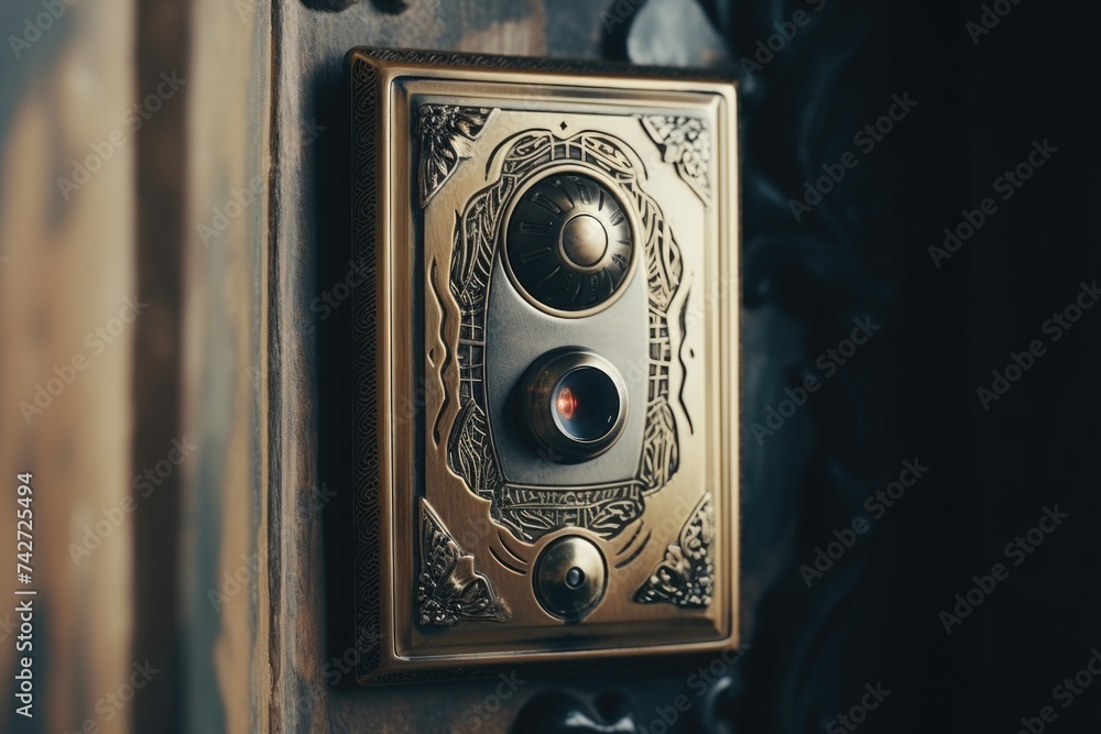 Poster A detailed view of a button on a door. Suitable for security or technology concepts
