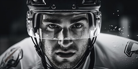 Black and white image of a hockey player. Suitable for sports publications
