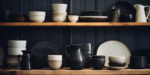 A shelf filled with black and white dishes and cups. Perfect for kitchen or restaurant concepts - obrazy, fototapety, plakaty