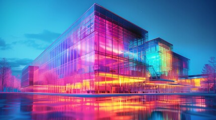 Modern glass architecture illuminated with vibrant neon lights, reflecting on a water surface at dusk.