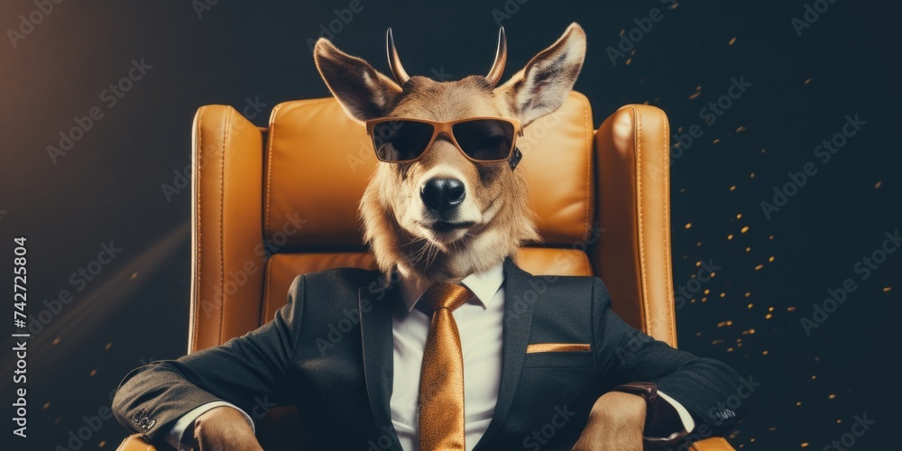 Poster a humorous image of a deer wearing sunglasses while sitting in a chair. can be used for fun and quir