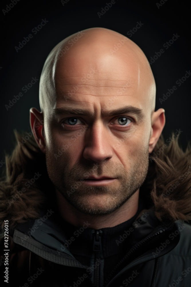 Poster a bald man wearing a jacket. suitable for various concepts