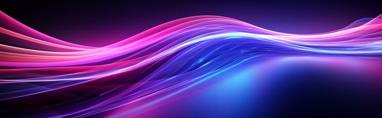 Abstract violet wave background, purple silky smoke, neon glow background, wallpaper, laser beam light lines, high speed internet, technology backdrop.