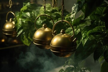 Group of brass bells hanging from a tree, suitable for festive decorations